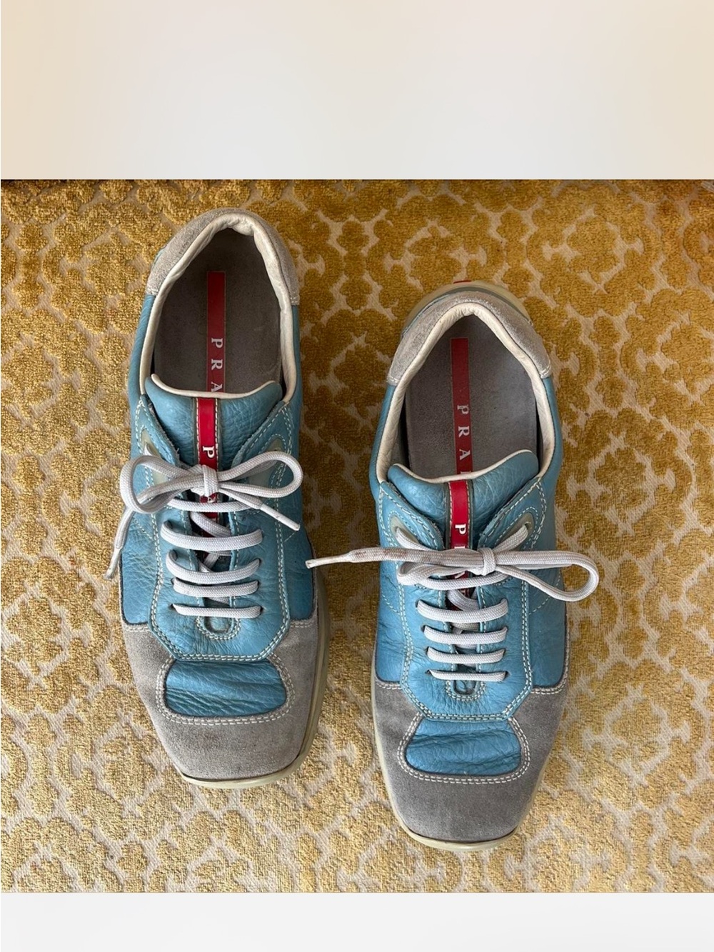 Prada Teal & Gray Leather Lace-Up Sneakers with Red Tongue Stripe